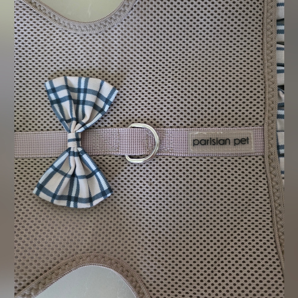Parisian Works Tan Dog Harness with Blue Plaid Bow - Picture 4 of 11